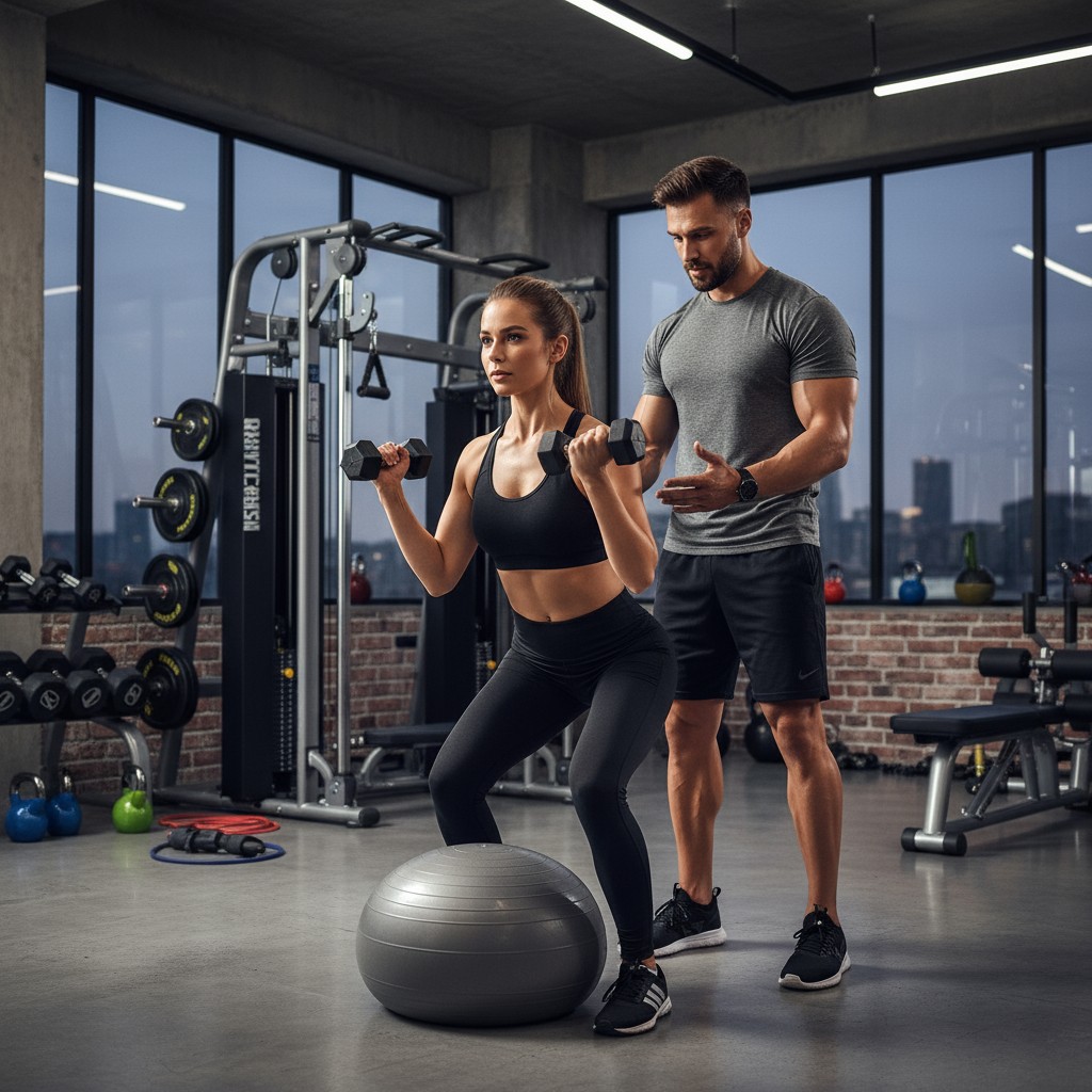 A man assists a woman with a dumbbell workout in a gym-equipped room.