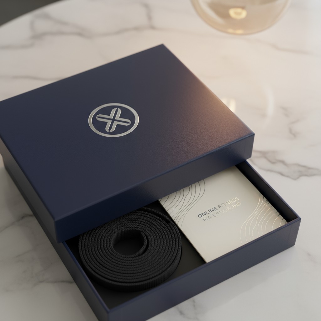 The box contains a coil of black material and an insert with the words 'Online Fitness Mas Senior Ins'.