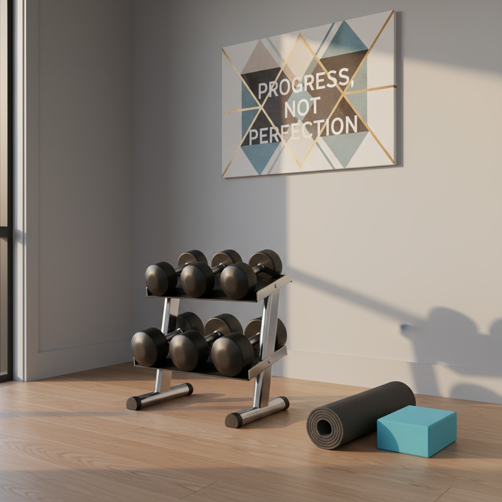 Original image description: A modern-looking home gym space features a geometric-patterned canvas with the motivational ph...