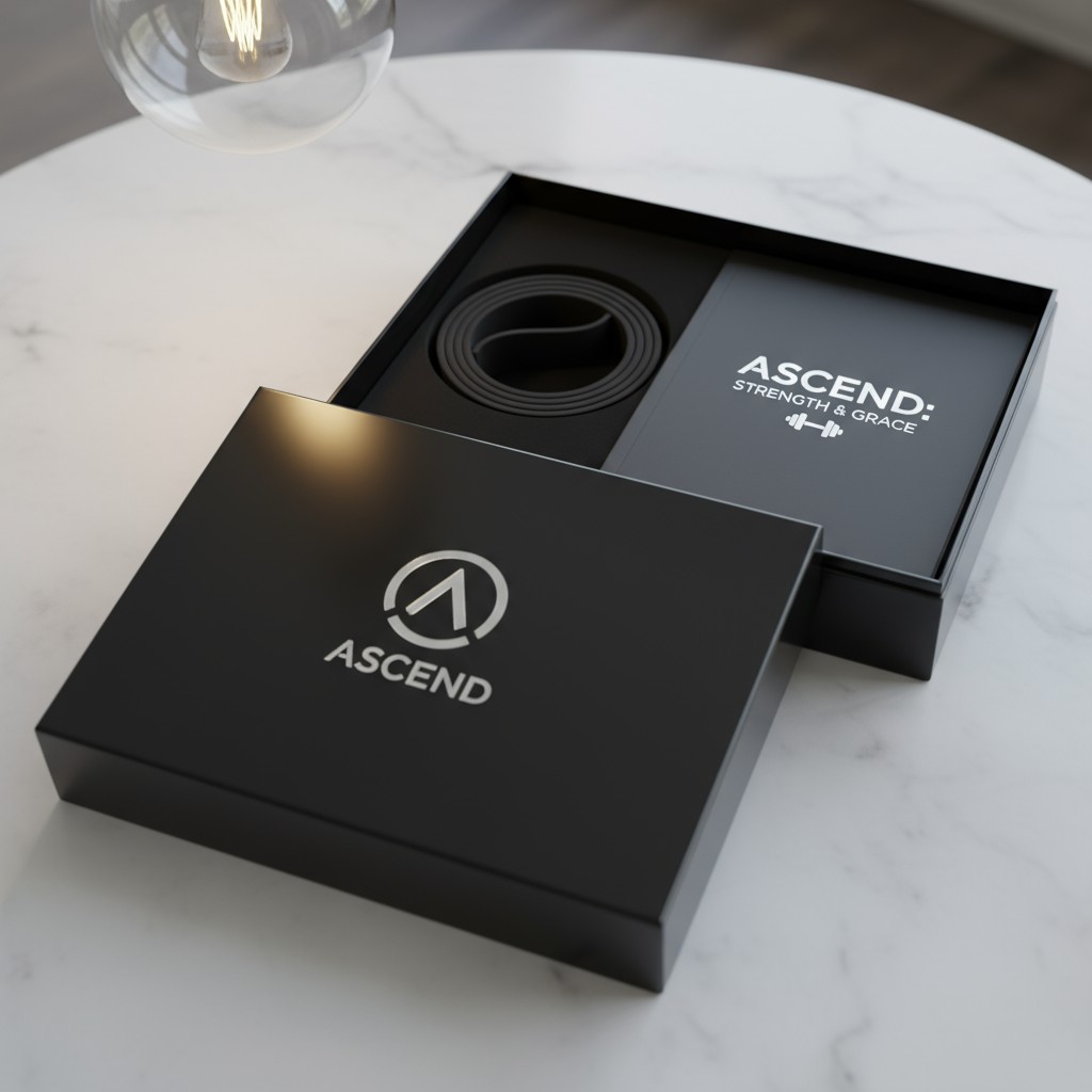 A black box siting on a white marble surface, featuring the "ASCEND" logo and the words "STRENGTH & GRACE". The box also c...