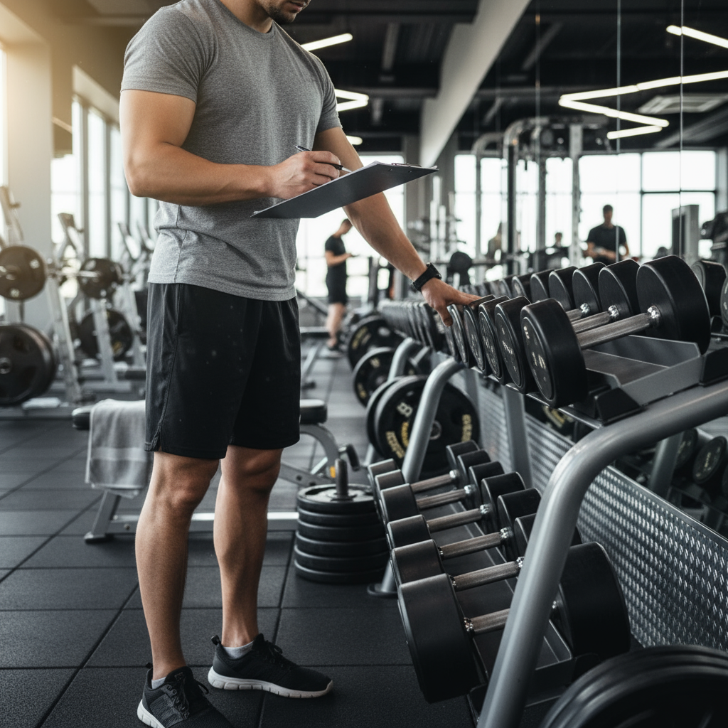 gym with clipboard and weights