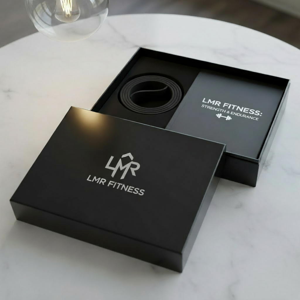 Replace the text under 'LMR Fitness' in the top rectangle image so it says 'Strength & Endurance' instead of 'Strength and Grace'. Keep the layout so the words are not directly next to each other, ensuring readability and clear separation under both 'LMR Fitness' and 'LMR'. Maintain the fitness-themed design and match the existing style.