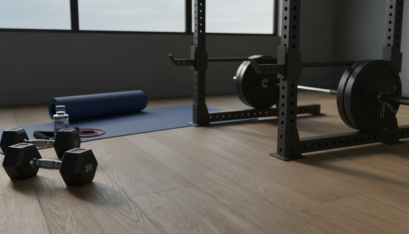 Dumbbells and a squat rack on a wood floor, basic black and grey palette, with the computer removed from the scene. Keep all other gym elements.
